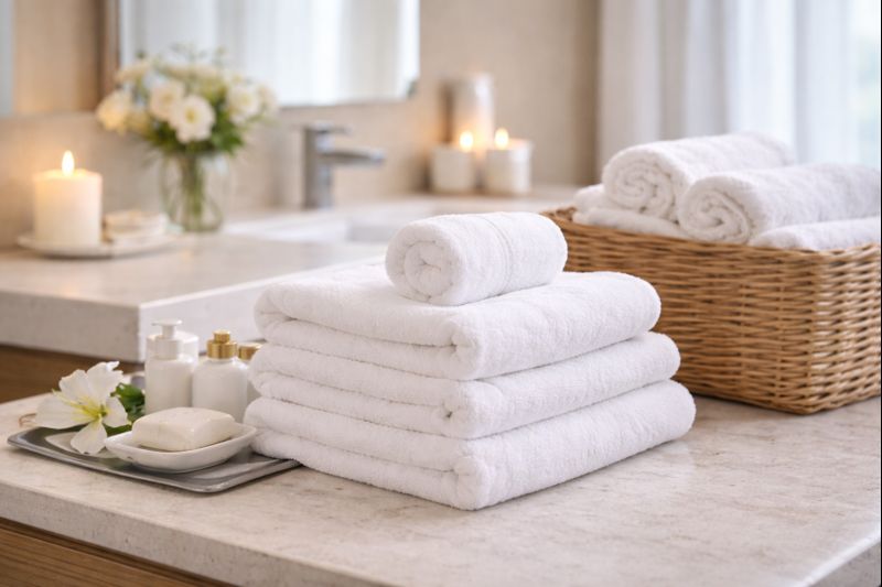 Hotelová koupelna s ručníky
