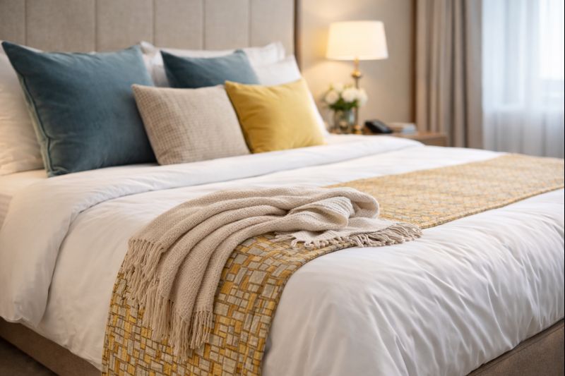 Deky a přehozy v hotelovém pokoji